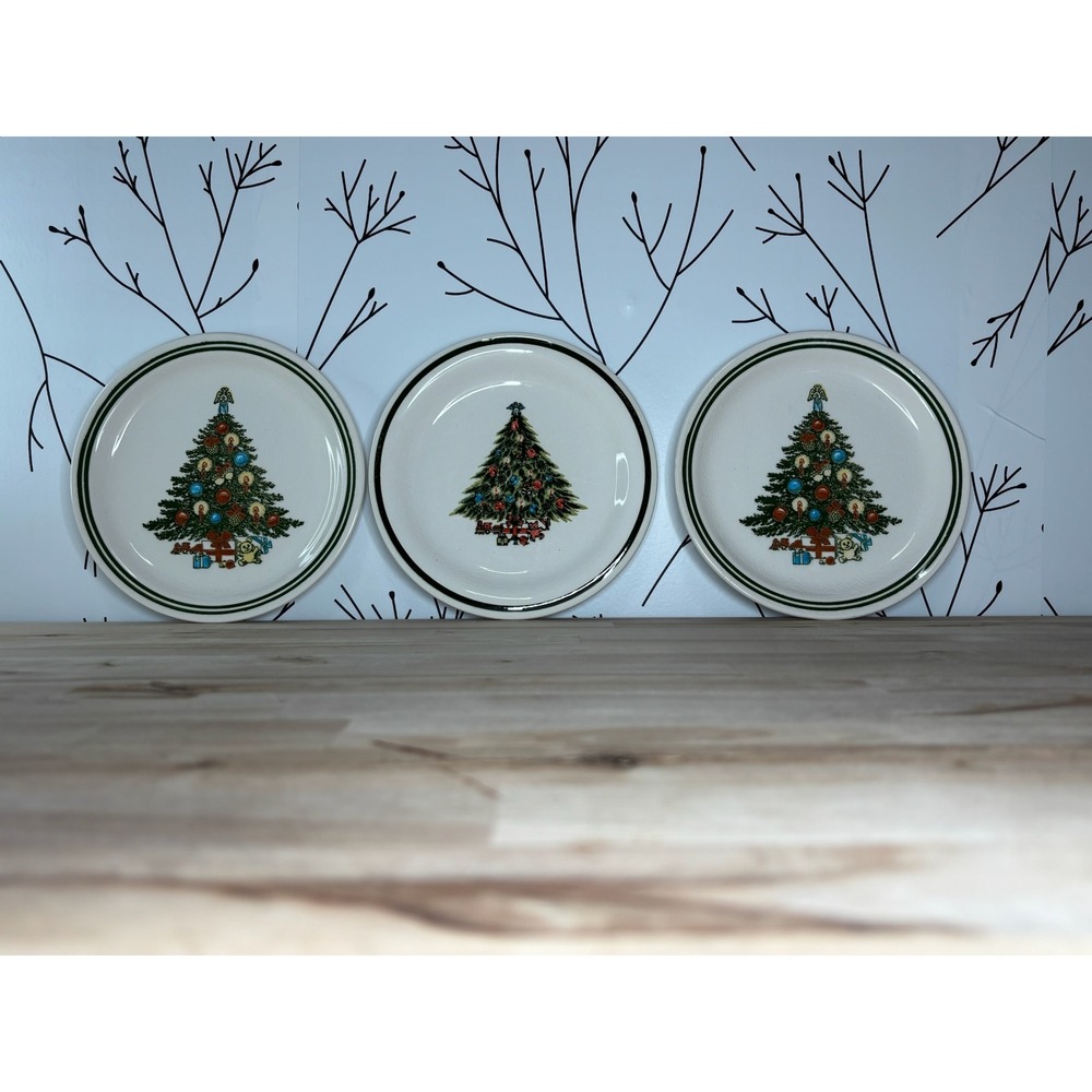 Vintage Christmas Tree Stoneware Appetizer Plates Green Band Set of 3 6.25in